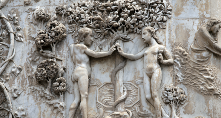 The first pillar Genesis Eve offers the forbidden fruit to Adam